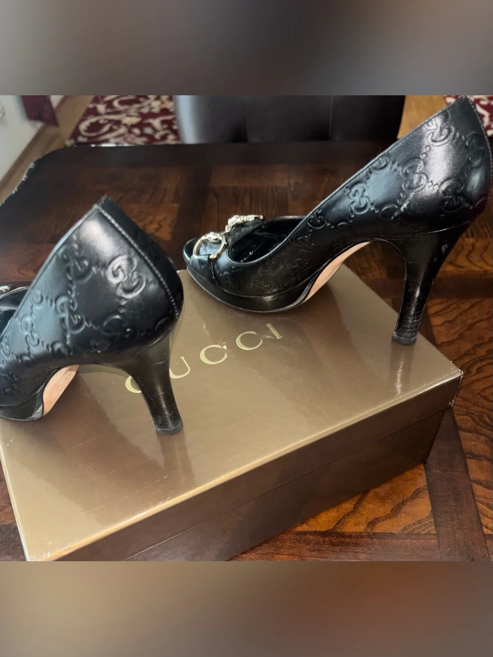 Gucci Black Leather Peep-Toe Heels with Gold Horsebit Accent